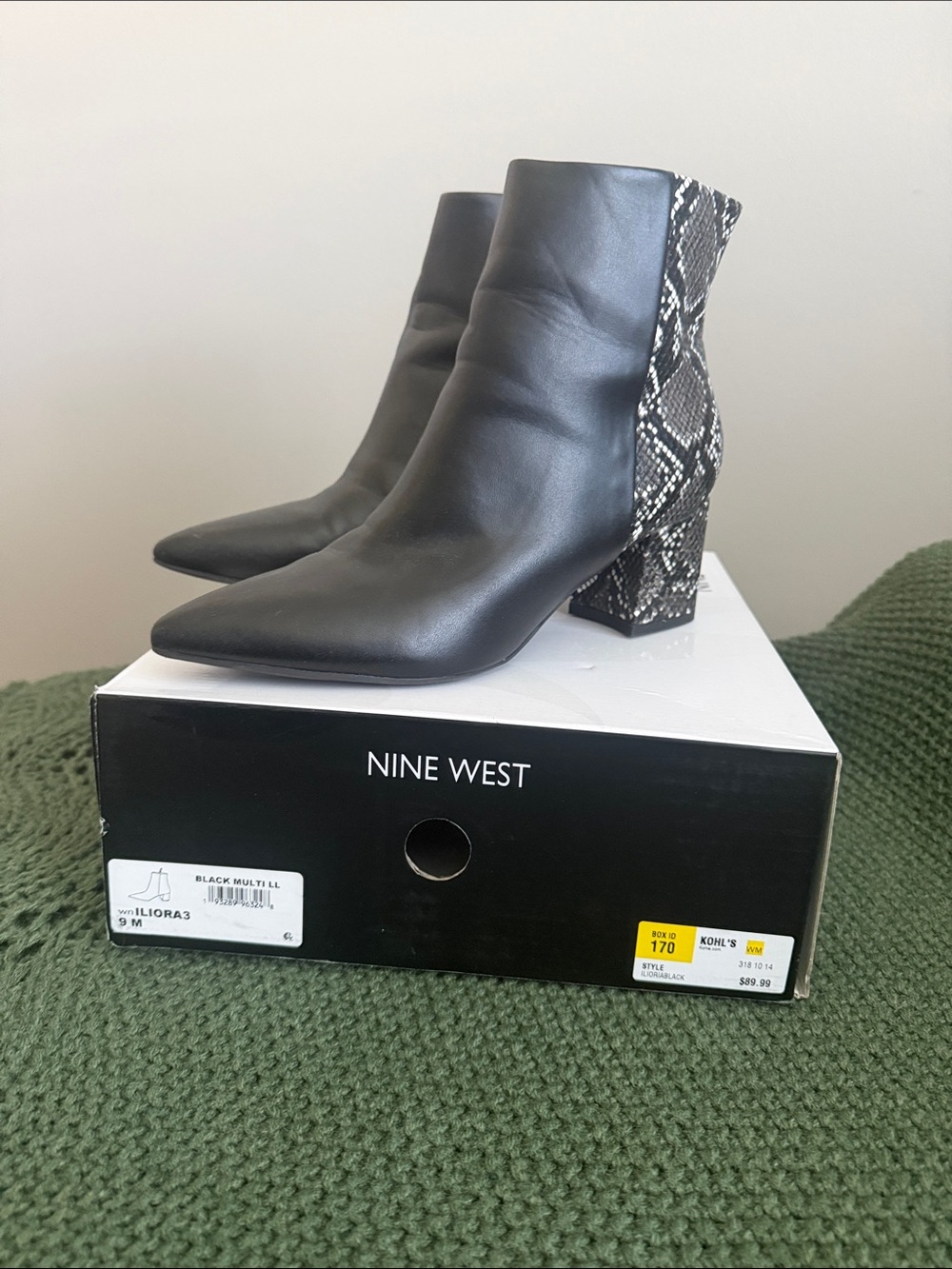 Nine West Black Pointed Leather Ankle Booties, with snake print in the back